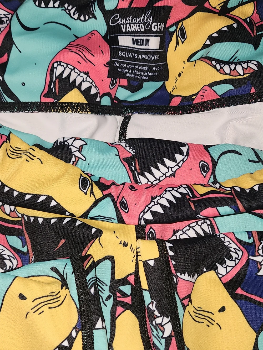 Constantly Varied Gear Womens Shark Print Leggings - Teal, Pink, Yellow, Black - Picture 3 of 3